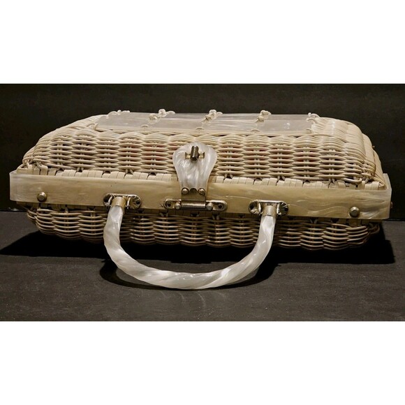 Rare Vintage 1950s/60s Stylecraft of Miami Wicker/Lucite Box Bag Shell Accents - Picture 7 of 16
